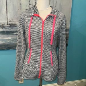 Lukka Black and White Striped Hoodie with Neon Orange/Pink Accents